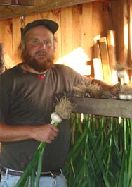 Michael Phillips at the garlic rack, which is full of organic garlic grown on Heartsong Farm. Garlic is one of the best ways to make food be your medicine. (photo: Nancy Phillips)